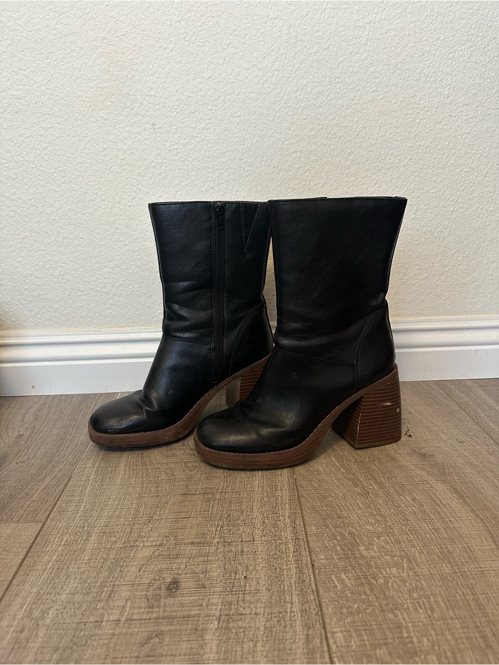 Sun + Stone Black Leather Mid-Calf Block Heel Boots